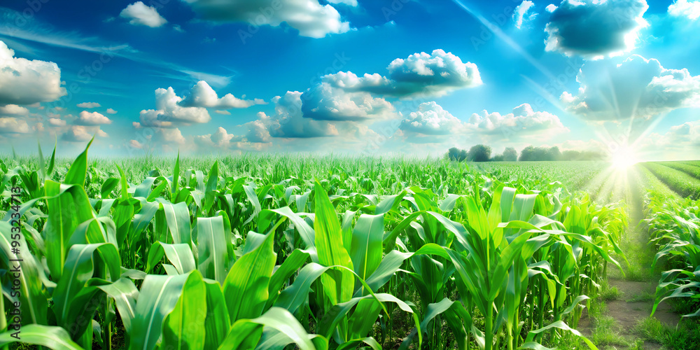 Corn plantation field with blue sky in sunny summer day. Corn cultivation. Cereal plant, animal feed. Farming and agricultural industry concept. Banner with copy space