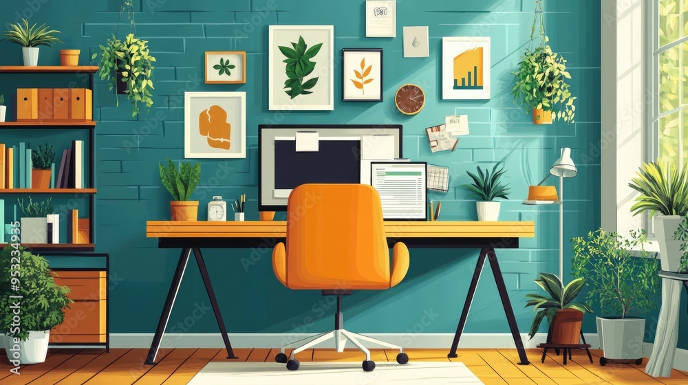 Modern Home Office with Green Plants and Orange Chair in Bright Room Modern Home Office with Green Plants and Orange Chair in Bright Room