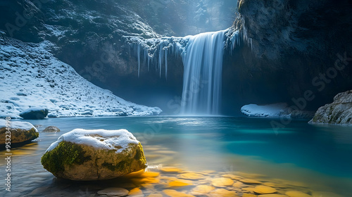 A waterfall cascades into a...