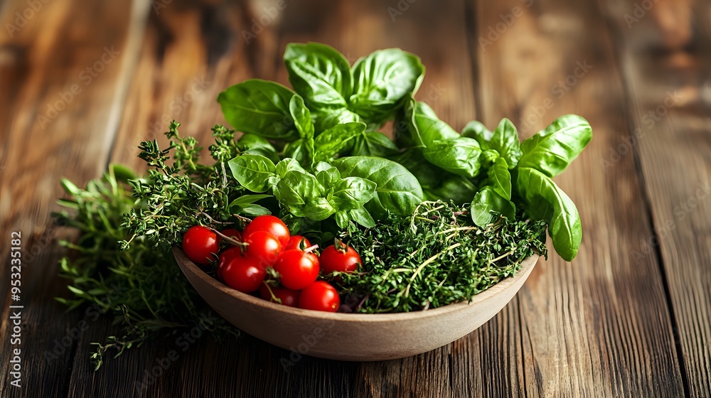 Fresh herbs and vegetables arranged in a simple bowl on a wooden table Fresh herbs and vegetables arranged in a simple bowl on a wooden table