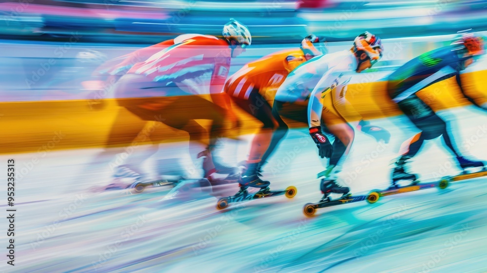 Group of skateboarders sliding down snowy hill, winter sports action Group of skateboarders sliding down snowy hill, winter sports action