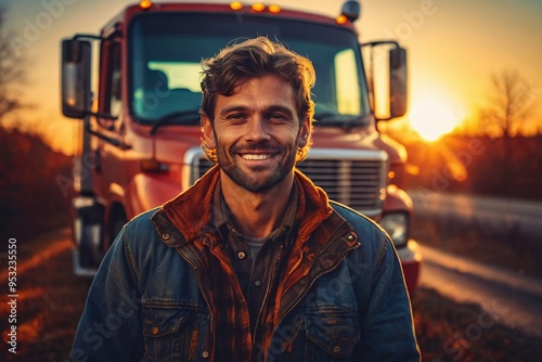 Smiling handsome truck driver posing looking at the camera with his truck in the background during late autumn sunset with a sunflares in the background. photo