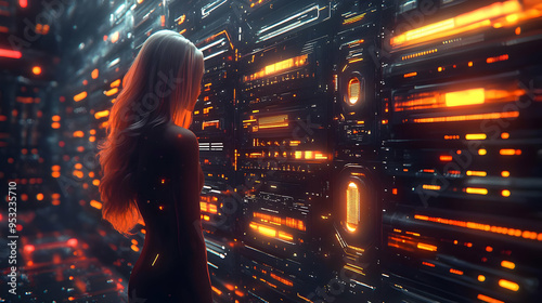 A woman stands in a futuris...