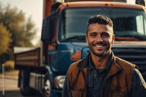 Smiling handsome truck driver posing looking at the camera with his truck in the background during late autumn sunset with a sunflares in the background.