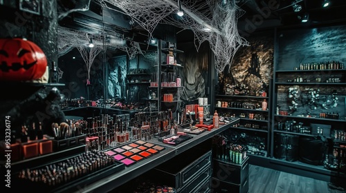 Spooky Halloween Makeup Setup with Jack-O'-Lantern Decorations