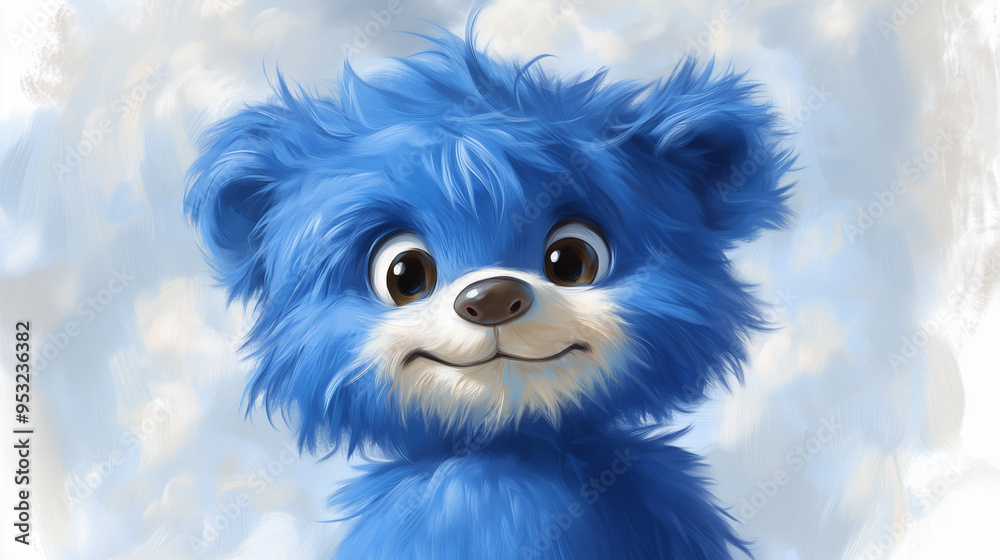 Smiling blue teddy bear with a cheerful expression