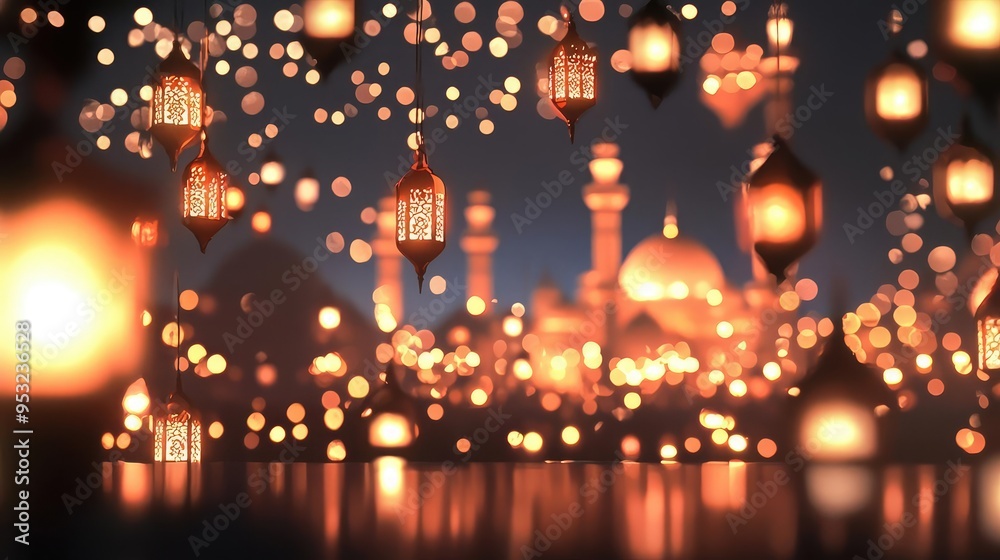 Beautifully illuminated lanterns create a magical ambiance against a blurred background of grand architecture in the night. Beautifully illuminated lanterns create a magical ambiance against a blurred background of grand architecture in the night.