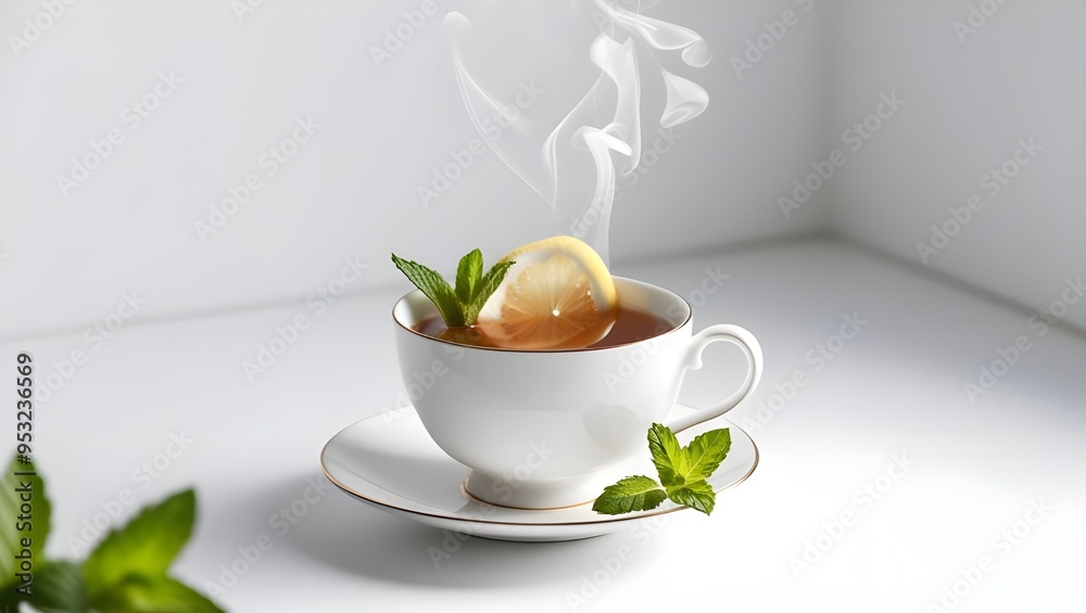 Tea in Cup with Mint Leaf and Lemon, Isolated on White Background Tea in Cup with Mint Leaf and Lemon, Isolated on White Background