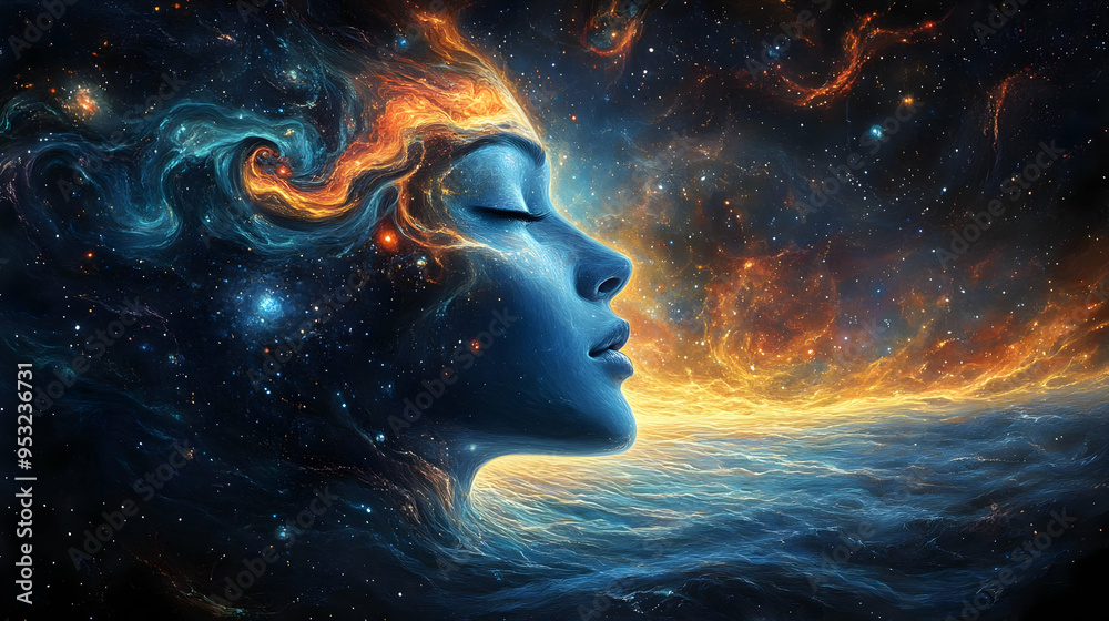 A woman's face emerging from a swirling nebula, bathed in celestial light, with stars and galaxies behind her. A woman's face emerging from a swirling nebula, bathed in celestial light, with stars and galaxies behind her.
