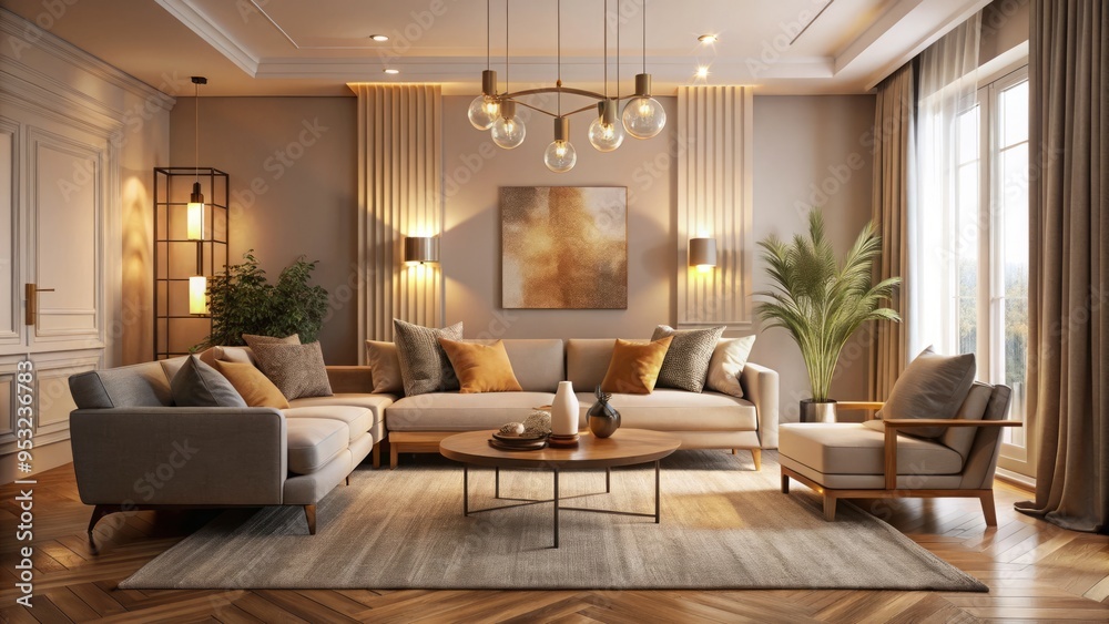 Fototapeta premium Cozy evening ambiance in a minimalist rectangle living room with asymmetrical furniture arrangement, warm beige tones, and soft golden lighting, capturing relaxed modern elegance.