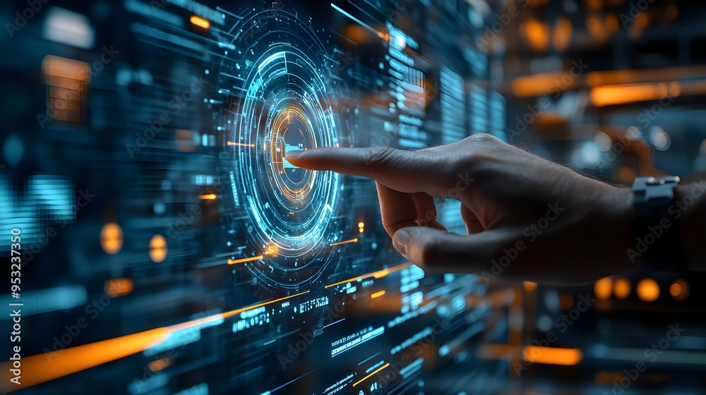 Hand Interacting with Futuristic Digital Interface Hand Interacting with Futuristic Digital Interface