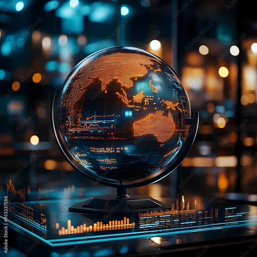 Illuminated Earth Globe with Data Analytics and Charts Illuminated Earth Globe with Data Analytics and Charts
