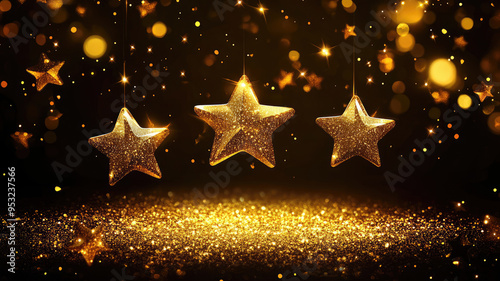 shining stars on plain bright gold background illustra black background illustration banner design, extremely detailed image photo