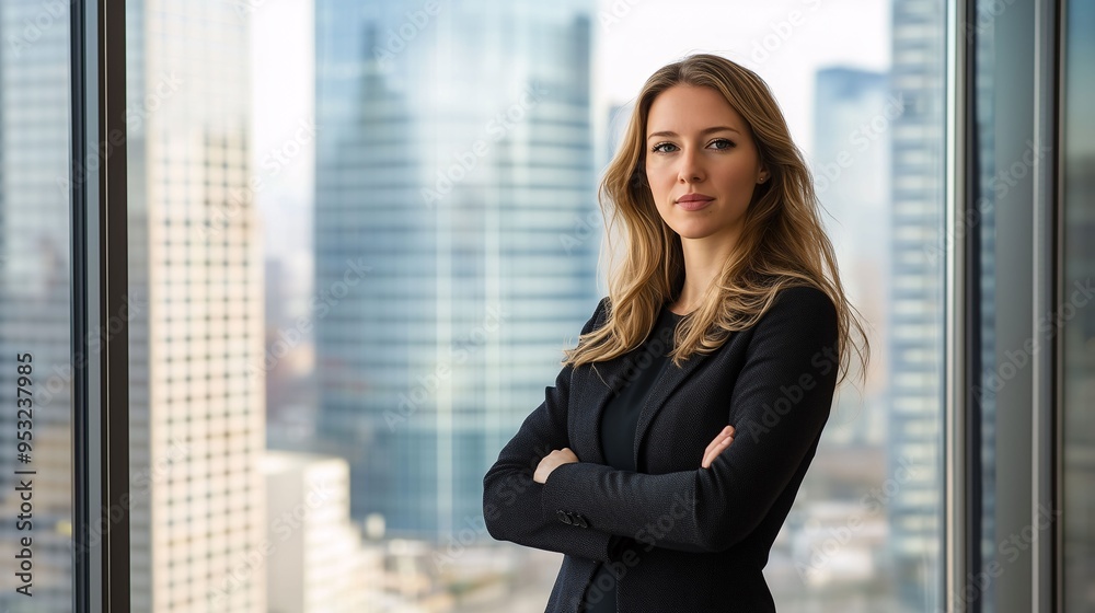 Confident Female Executive Standing in Front of a Large Window with City View Confident Female Executive Standing in Front of a Large Window with City View