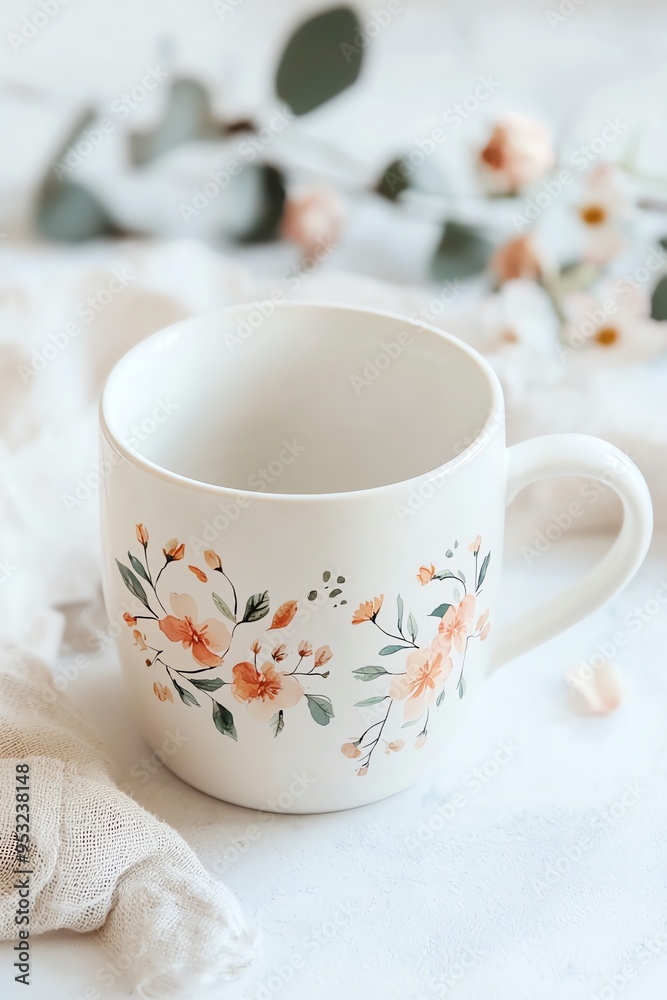 White ceramic mug with floral design, perfect for coffee or tea. White ceramic mug with floral design, perfect for coffee or tea.