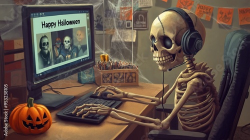 Skeleton Enjoying Virtual Halloween Celebration at Desk