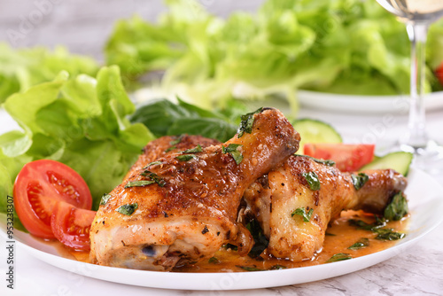 Fried chicken drumstick with gravy and vegetable side dish