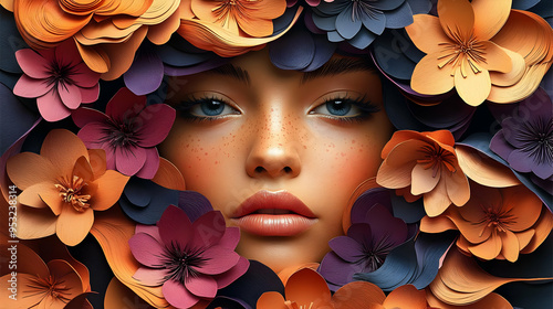 A woman's face framed by de...
