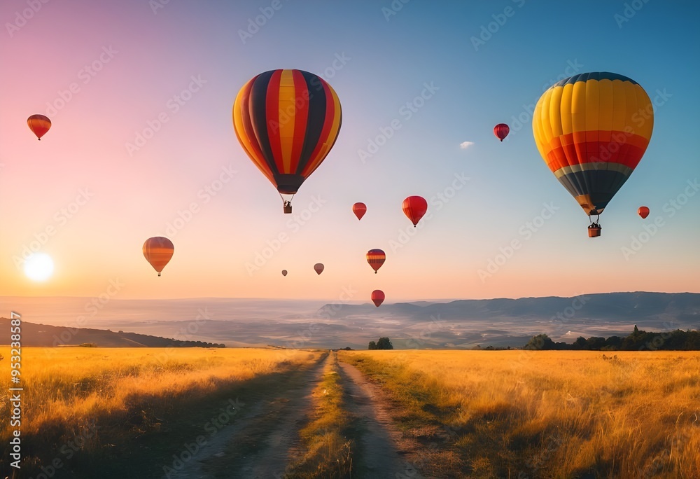 Obraz premium Colorful hot air balloons soaring over a stunning landscape at sunset in a picturesque valley