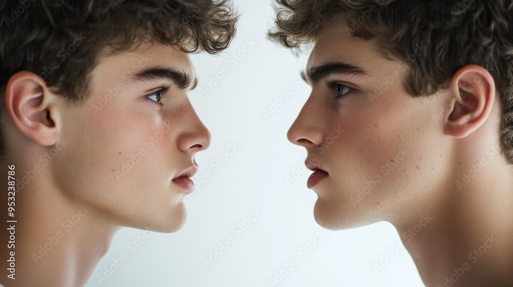 Intense Connection - Twin Young Men Locked in a Stare on White Background Intense Connection - Twin Young Men Locked in a Stare on White Background