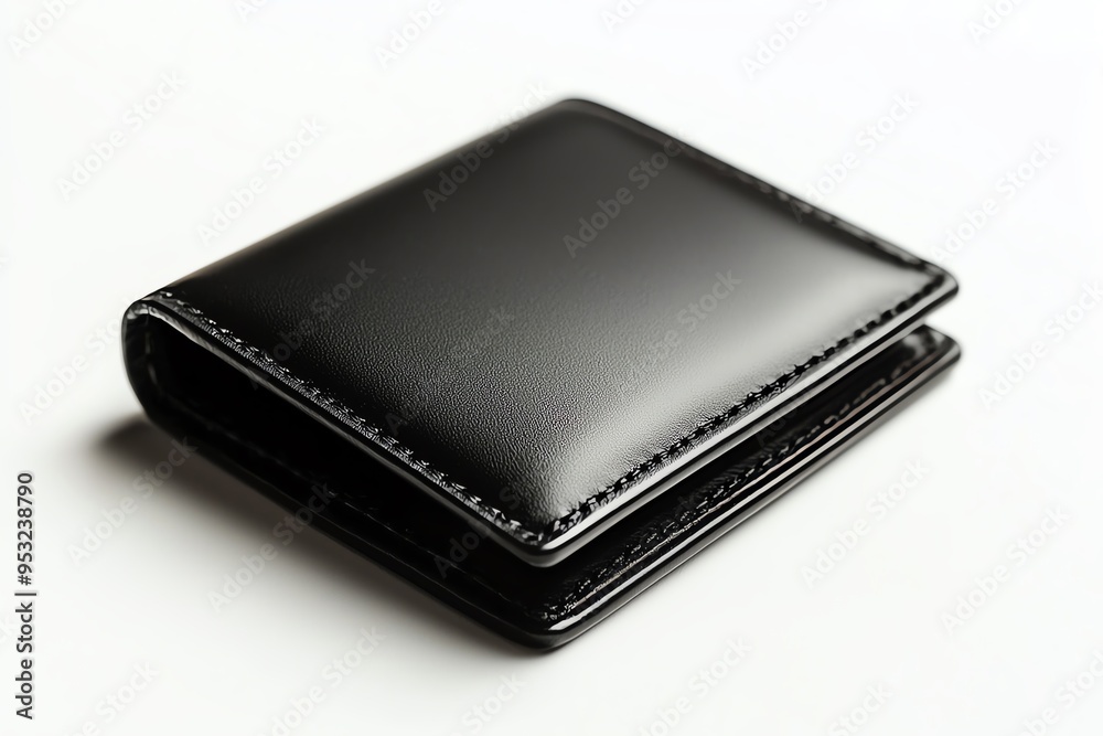 A mockup of a black leather wallet with a minimalist design, on a plain white background, in a high-end, classy style A mockup of a black leather wallet with a minimalist design, on a plain white background, in a high-end, classy style