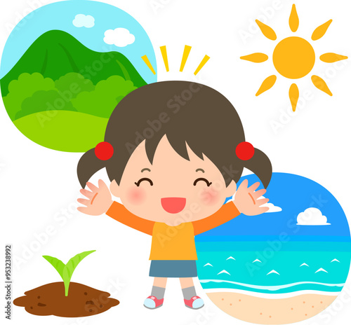 山、海、自然のイメージと笑顔の女の子