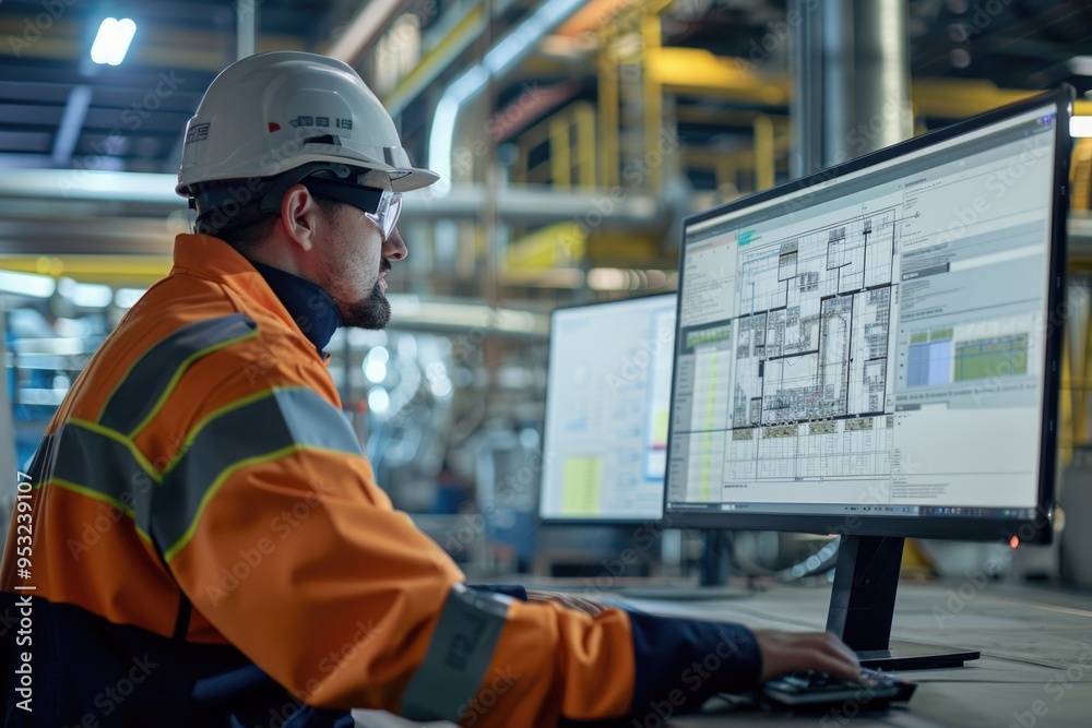 A person wearing a hard hat and safety vest operates a computer A person wearing a hard hat and safety vest operates a computer