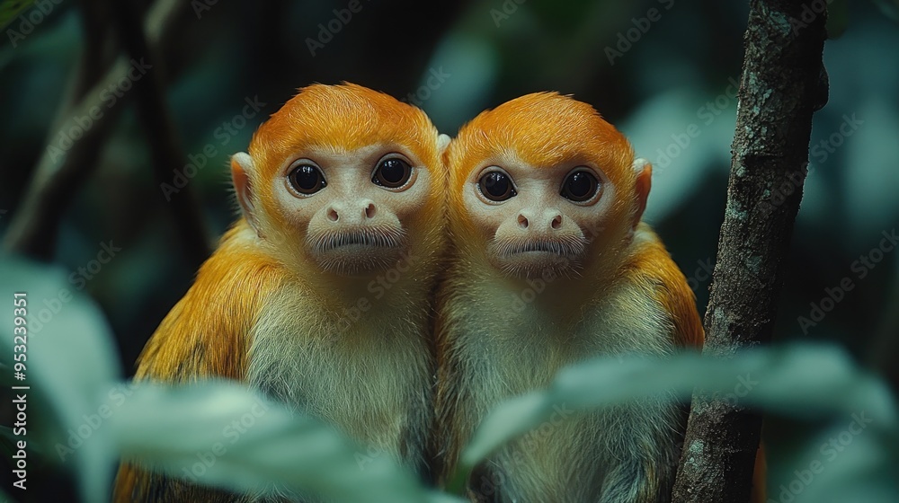 Two golden monkeys sitting closely in a lush forest setting. Two golden monkeys sitting closely in a lush forest setting.