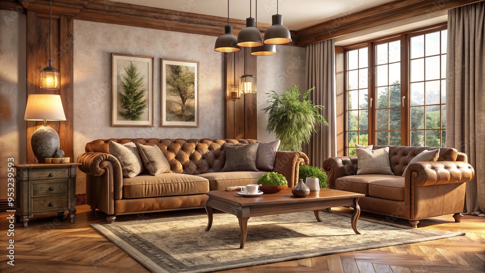 Cozy morning light fills rustic wood-accented living room featuring warm beige walls, rich walnut furniture, and plush velvet sofa in muted earthy tones, inviting relaxation. Cozy morning light fills rustic wood-accented living room featuring warm beige walls, rich walnut furniture, and plush velvet sofa in muted earthy tones, inviting relaxation.