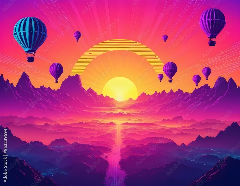 Colorful hot air balloons soaring over a stunning landscape at sunset in a picturesque valley Colorful hot air balloons soaring over a stunning landscape at sunset in a picturesque valley