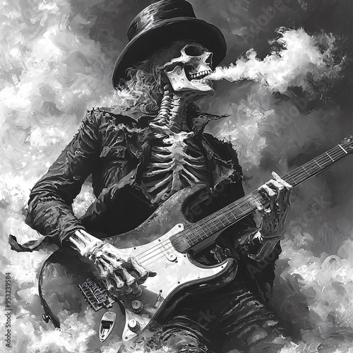 A smoking skeleton rockstar with an electric guitar, perfect for Halloween party promotions and themed events, with copy space.