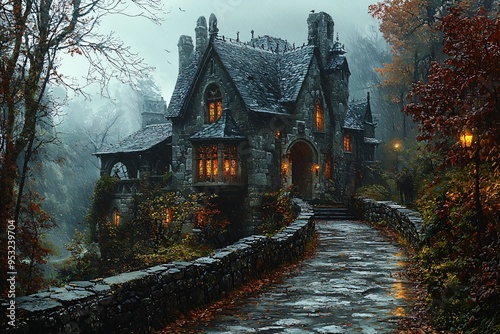 A spooky fantasy village scene featuring a haunting mansion, perfect for Halloween-themed events and promotions, with copy space.