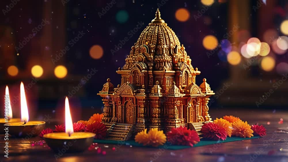 a temple with diwali celebration, smooth looping video 4k.