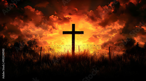 A wooden cross stands tall ...