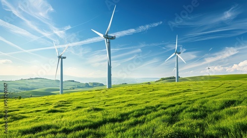 Wind Turbines in Green Field.