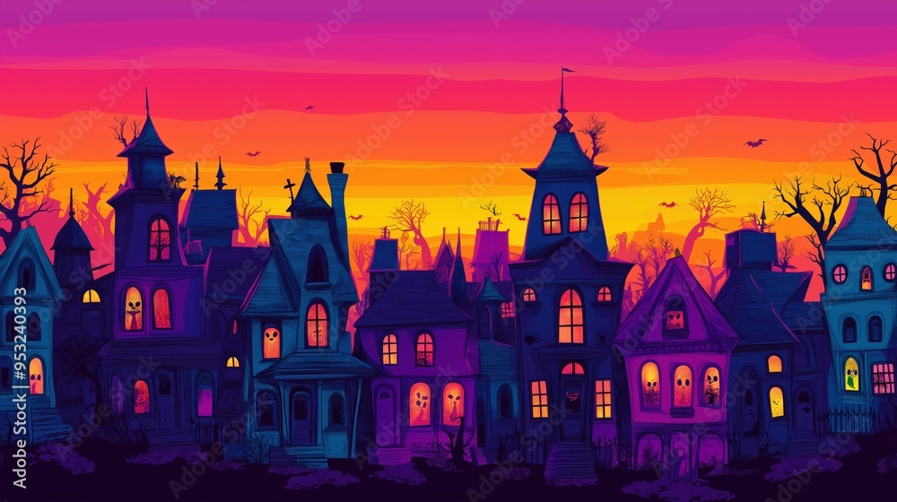 Spooky cartoon village at sunset with glowing windows Spooky cartoon village at sunset with glowing windows