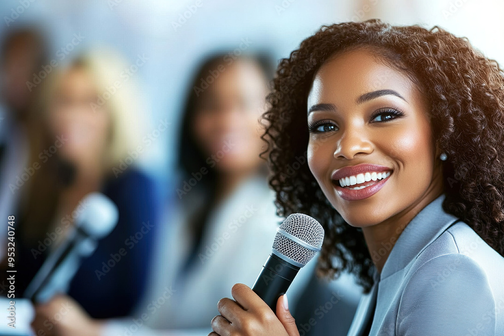 Business Women Holding Microphones and Smiling While Engaging in Conversation at Office Meeting, with Male Colleague and Female Speaker Addressing Audience on Stage Business Women Holding Microphones and Smiling While Engaging in Conversation at Office Meeting, with Male Colleague and Female Speaker Addressing Audience on Stage
