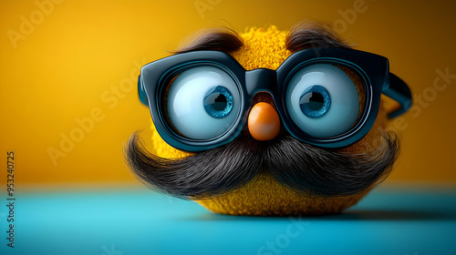 A yellow furry character with big blue eyes and a mustache, wearing black rimmed glasses, looking at the camera with a comical expression, set against a yellow and blue background. photo