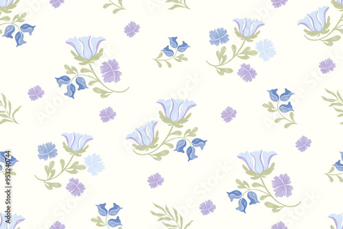 Floral pattern seamless minimal embroidery texture blue  flower motifs. Vintage watercolour brush style vector illustration design hand drawn .