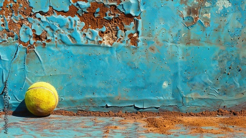 A Worn Tennis Ball Against a Weathered Blue Surface photo