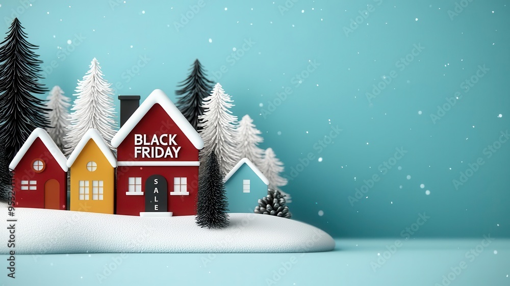 BLACK FRIDAY SALE text on a snowy Christmas village scene, festive shopping event, 3D illustration BLACK FRIDAY SALE text on a snowy Christmas village scene, festive shopping event, 3D illustration