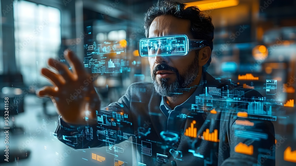 Fototapeta premium Man Using Augmented Reality Glasses for Data Analysis