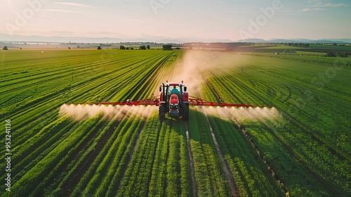 Tractor Spraying Crops in a Lush Green Field