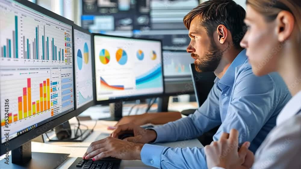 Data-Driven Insights: A focused team analyzes vibrant financial charts, collaborating intently in a modern office setting. Data-Driven Insights: A focused team analyzes vibrant financial charts, collaborating intently in a modern office setting.