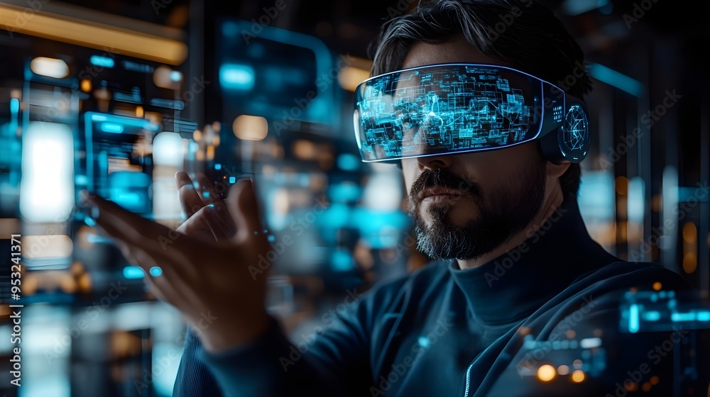 Man Using Augmented Reality Headset, Futuristic Tech Man Using Augmented Reality Headset, Futuristic Tech