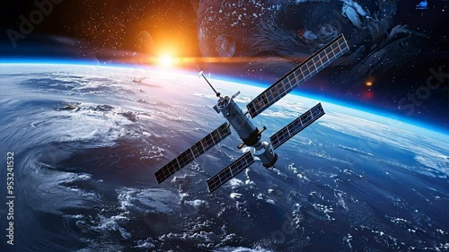 Wallpaper Mural Space Station Orbiting Earth: A captivating image of a space station soaring through the cosmos, orbiting a majestic Earth bathed in the warm glow of a rising sun. This photorealistic depiction evokes Torontodigital.ca