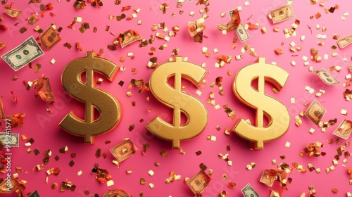 Golden Riches Rain Down: Three gleaming dollar signs bathe in a shower of gold confetti and dollar bills, a vibrant and luxurious symbol of wealth and financial success. 