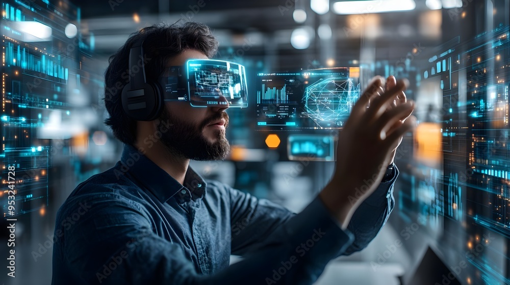 Man Using Virtual Reality Headset for Data Analysis Man Using Virtual Reality Headset for Data Analysis