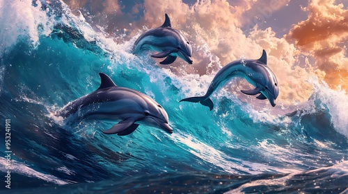 Aqua Odyssey: Hyper-Realistic Pod of Dolphins in Cinematic Video Game Style with Bright Coral Reefs - Digital Artist's Poster Design photo