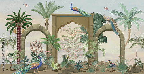 Mughal Garden, Arch, Wallpaper, Peacock, Watercolor tree and background.
